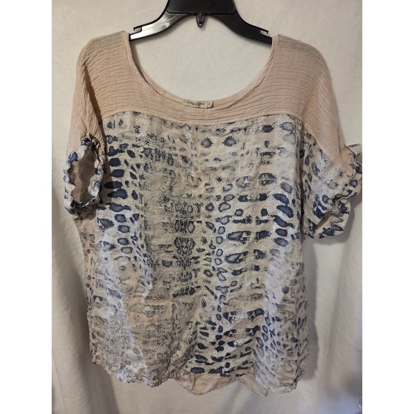 Lungo L'Arno Women's Top 2X Beige Blue Animal Print Short Sleeve Blouse - Picture 1 of 4
